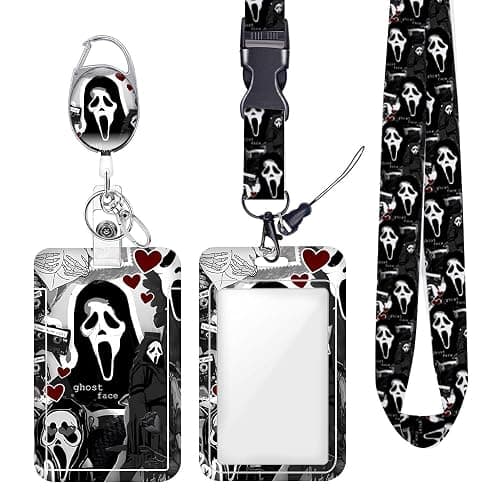 Funny Ghosts Face ID Badge Holder with Lanyard Retractable Badge Reel Horror Movie Gifts Lanyards for ID Badges Vertical ID Protector Badge Clip for Women Men Coworker Employee Staff Halloween - Image 1