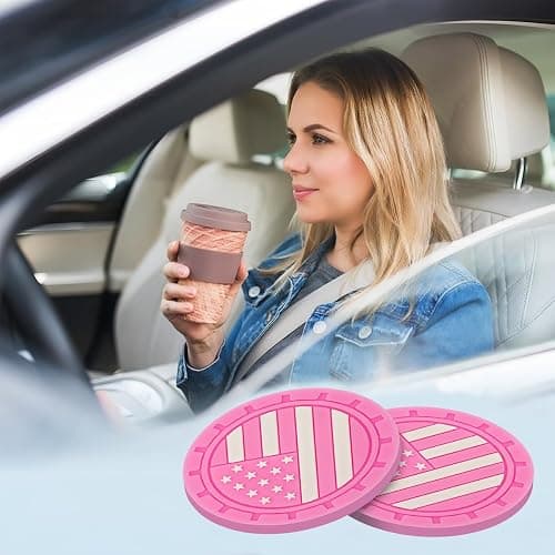 Osilly Car Cup Holder Coasters, 4 Pack American Flag Insert Car Cup Coaster, 2.75 Inch PVC Anti Slip Shockproof Embedded Drink Mat, Car Interior Decoration Accessories for SUV, Truck (Pink) thumbnail 6