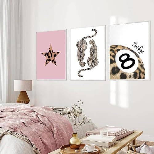 Set of 3 Preppy Cheetah Wall Art Trendy Pink Leopard Canvas Prints Star Lucky 8 Ball Posters Aesthetic Wall Decor Pictures for Girly Bedroom Apartment Dorm Unframed 12x16in thumbnail 3
