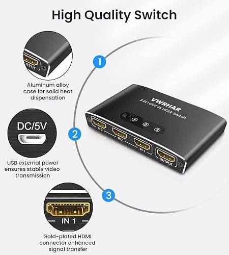 HDMI Switch 3 in 1 Out 4K UHD HDMI Switcher Splitter, Automatic Switch with Remote Metal Splitter Box Hub Support 4K 60Hz 3D 1080P HDCP2.2 for PS5 PS4 Xbox DVD Player Fire Stick Apple TV PC thumbnail 7