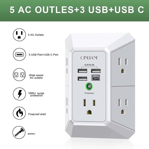 Wall Charger, Surge Protector, QINLIANF 5 Outlet Extender with 4 USB Charging Ports, 3-Sided 1680J Power Strip Multi Plug Adapter Spaced for Home Travel Office thumbnail 2