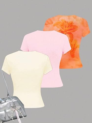 RoseSeek Girl's Shirts 3 Packs Graphic Tees Vacation Hibiscus Top Crewneck Short Sleeve Cute Tops Summer Slim Fit T Shirt thumbnail 3