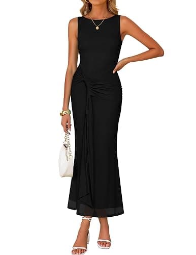 ZESICA Women's Summer Sleeveless Bodycon Dress 2026 Crewneck Ruched Sexy Mesh Wedding Guest Cocktail Party Maxi Dresses - Image 1