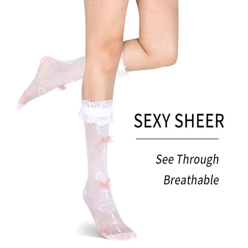 Benefeet Sox Womens Lace Knee High Socks Girls Ruffle Knee Highs Sexy Sheer Trouser Socks Black White Mesh Fishnet Stockings thumbnail 4