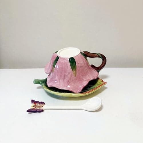 Minigift Ceramic Tea Cup and Saucer Set ，6OZ 3D Hand-Painted Flower and Lotus Leaf Coffee Mug，Gift for Women- Dark Pink Rose thumbnail 5