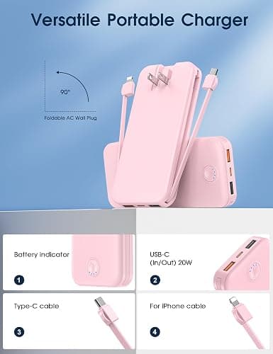Nusyddy Portable Charger 10000mAh Fast Charging w/Built-in Wall Plug Pink | PD20W Fast Charging, LED Indicator, Pass Through Charging, TSA Approved, Compact/Slim, Power Bank for iPhone/iPad/Samsung thumbnail 3