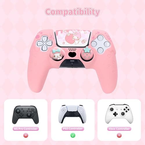 Kuitmor Silicone PS5 Controller Cover Skin Set,Anti-Slip Soft Protective Case for PS5 Wireless Controller with 2 Thumb Grip Caps and 1 Sticker (Pink) thumbnail 2