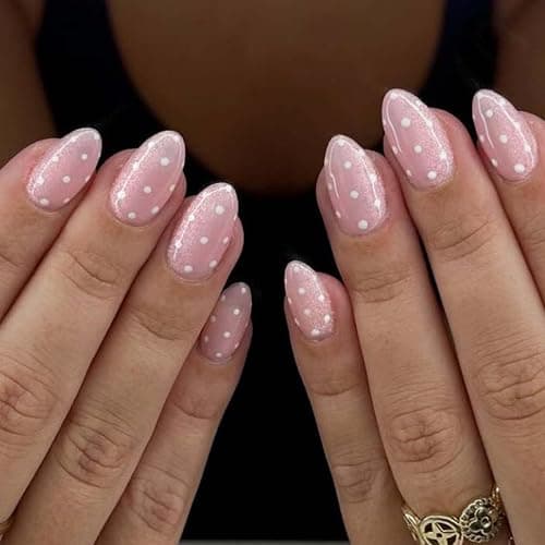 HPYFOI Polka Dot Press on Nails - Short Almond, Soft Pink | Light Pink with White Dots, Cute & Reusable, All Season, Daily Wear - Image 1