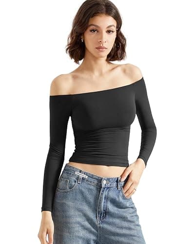 SUUKSESS Women Off Shoulder Double Lined Long Sleeve Shirts Basic Going Out Tops thumbnail 4