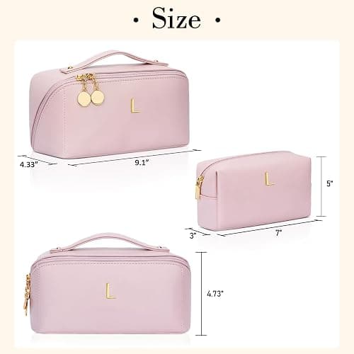 CLOUDWINGS Birthday Gifts for Women Teen Girl, Personalized Initial Makeup Organizer Bag Set, Open Flat Travel Cosmetic Bag With Clear Divider and Handle(Pink,L) thumbnail 6