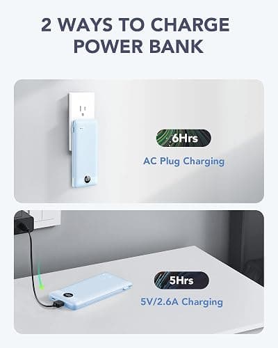 VRURC Portable Charger Built-in Cables and AC Wall Plug, USB C Power Bank 10000mAh, Travel Essentials Phone Charger Compact Lightweight External Battery Pack for Smart Phones, Tablets etc-Blue thumbnail 5