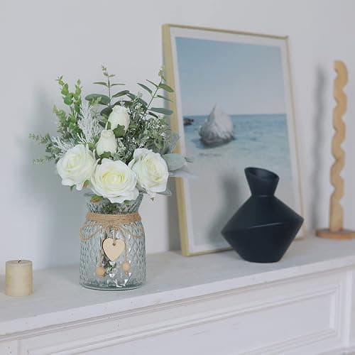 Faux Flowers with Vase,Artificial Silk Roses in Vase, Fake Plant Eucalyptus Flower Arrangement for Home Office Farmhouse Bathroom Dining Table Centerpiece Decorations Coffee Table Decor (White) thumbnail 4