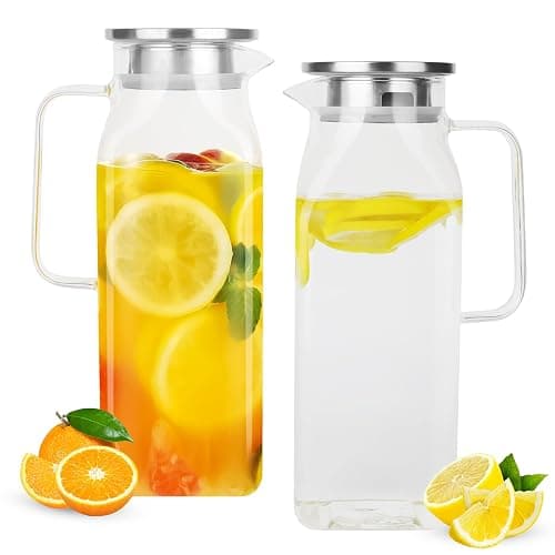 2 Pack (2 Liter 68 oz) Square Glass Pitcher with Lid and Spout, Easy Clean Heat Resistant, Borosilicate Glass Carafe for Hot/Cold Drink, Large Jug for Iced Tea, Coffee, Juice, Milk, Beverage - Image 1