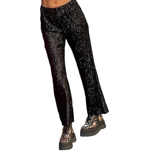 Women Sequin Flared Trousers High Waisted Sparkly Wide Leg Trousers Party Clubwear Shiny Bell Bottom Pants thumbnail 2