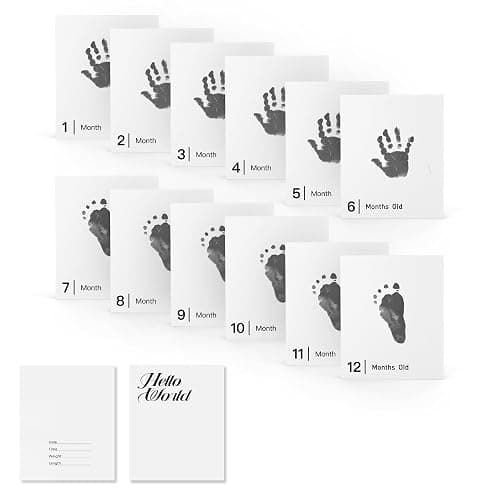 14 Pieces Baby Inkless Milestone Cards,1 Month to 12 Month Hand and Footprint Kit,Dog or Cat Pet Paw Print Kit,Newborn Safe Inkless Pad,Hello World Newborn Sign Memory Kit(14 Ink Pad+14 Papers) - Image 1