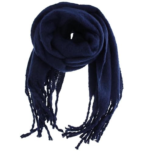 Zac's Alter Ego Warm Thick Fluffy Navy Blue Soft Plain Wide Winter Scarf with Tassels - Image 1
