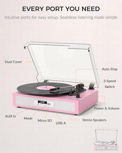 VICTRESS Vinyl Record Player, Built-in Dual Speakers, Anti-Vibration, Pink | Vintage Vinyl Player, 3-Speed Bluetooth Turntable with USB Recording & Playback, 5 EQ Modes, RCA Out, LED Display, Auto Stop thumbnail 7
