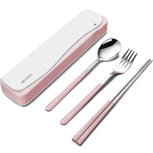 DEVICO Travel Utensils, 18/8 Stainless Steel 4pcs Cutlery Set Portable Camp Reusable Flatware Silverware, Include Fork Spoon Chopsticks with Case (Pink) - Pink - Image 1