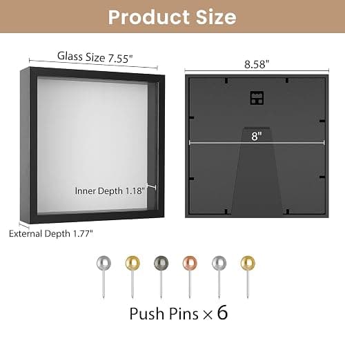 Califortree 8x8 Shadow Box Frame with Soft Linen Back - Push Pins Included, Memory Box Display Case for Flower, Tickets and 3D Items, Black thumbnail 3