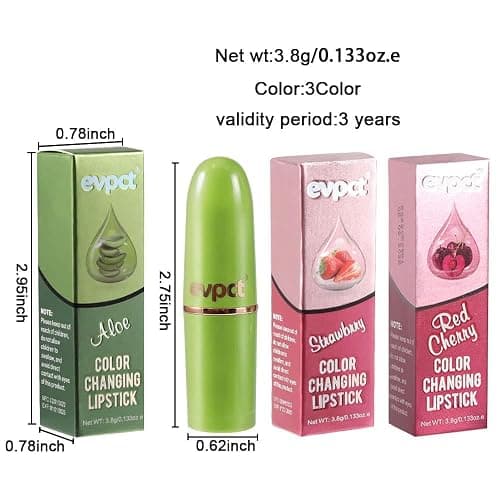 evpct 3Pcs Magic Color Changing Lipstick 24 Hours Original for Women Lasting Waterproof, Aloe Vera Strawberry Black Red Cherry PH Mood Permanent Hardpointing color changing Lipstick Tinted Lip balms - 3 Count (Pack of 1) - 3Pcs Aloe Vera Strawberry Red Cherry - New thumbnail 7