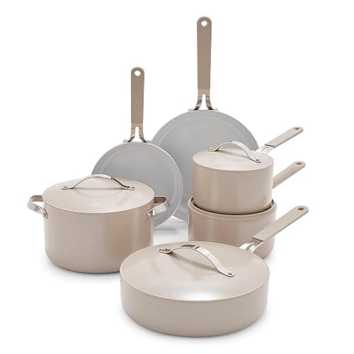 GreenLife 10-Piece Nonstick Ceramic Cookware Set, Lightweight Healthy PFAS-Free Pots & Pans with Lids, Dishwasher & Oven Safe, Durable Body, Silicone Stay-Cool Handles, Easy Release, Taupe - Image 1