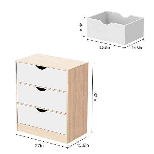 Housoul 3 Drawers Dresser for Bedroom, Fabric PU Drawer with Wood Frame, Large Organizer, Small Dresser with Drawer, Chest of Drawers for Closet, Living Room,Hallway,Oak and White thumbnail 2