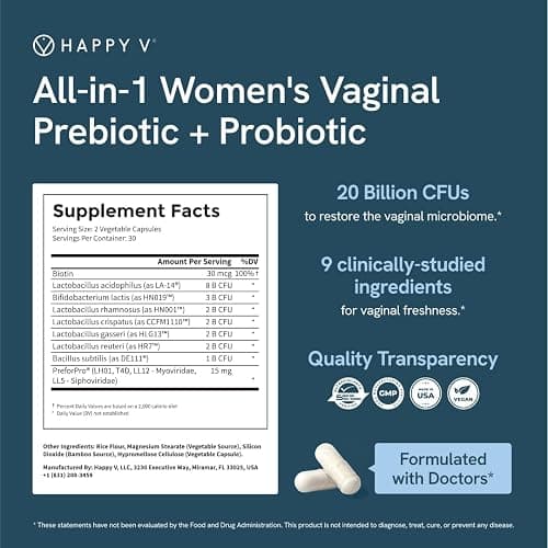 Happy V Dr. Formulated Vaginal Probiotics for Women Odor & Itch Support, Urinary & Gut Health, pH Balance | Womens Daily Probiotic with Patented Prebiotics & Lactobacillus for Feminine Wellness thumbnail 6