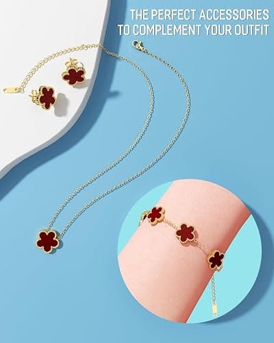 AICase Clover Jewelry Set,18K Gold Plated Lucky Clover Bracelet,Four Leaf Clover Necklace and Clover Earrings Fashion Jewelry Sets Gifts for Women/Mon thumbnail 5