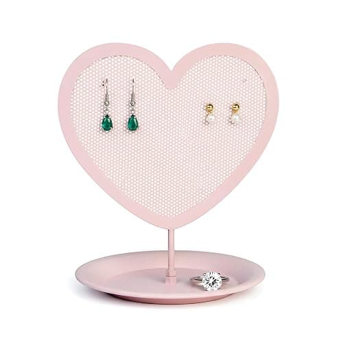 Parlor Boudoir Heart Shaped Jewelry Organizer Stand Pink Metal Earring Holder for Girls with Tray Storage for Rings & Bracelets Cute Vanity Jewelry Display and Room Decor Aesthetic for Teen Girls thumbnail 9