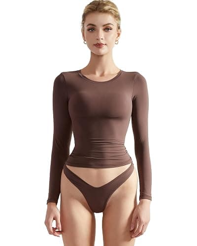 SUUKSESS Women Double Lined Fitted Basic T Shirts Crew Neck Long Sleeve Crop Top - Image 1