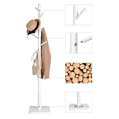 VASAGLE Coat Rack, Wooden Clothes Rack, Freestanding Stand with 8 Hooks, 3 Heights, for Coats, Hats, Bags, Entrance Porch, Hallway, in Rubber Wood, Cloud White RCR010W02 thumbnail 8