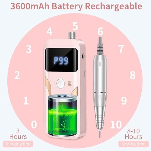 MOCOWIND Portable Nail Drill Professional 35000 RPM, Rechargeable Electric Nail File Machine Cordless E-File for Acrylic Gel Polishing Removing with Bits Kit for Manicure Salon Home, Pink thumbnail 5
