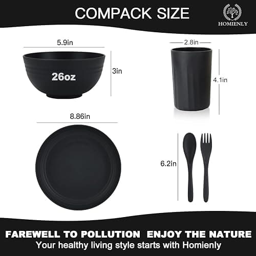Homienly Wheat Straw Dinnerware Sets, Homienly 20pcs Unbreakable Microwave Dishwasher Safe Tableware Lightweight Bowls, Cups, Plates Set Reusable Dinner Plates Bowls set (Matte Black) thumbnail 2