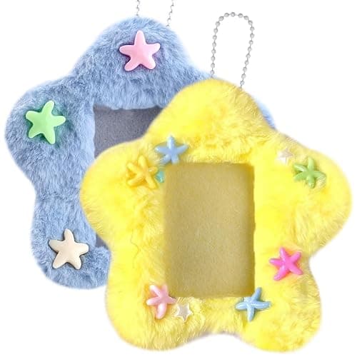 2 Pcs Star Photocard Holder Cute Plush Keychain Pendant 3 Inch Photo Card Holder Student Card Bag ID Card Case Photo Protective Sleeves ID Badge Holder (Blue and Yellow) - Image 1