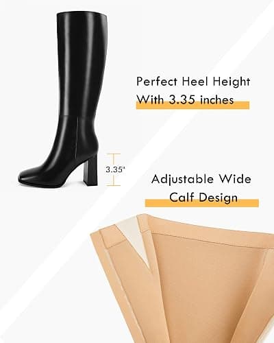 Coutgo Womens Wide Calf Knee High Boots Chunky High Heel Square Toe Fashion Leather Shoes with Side Zipper thumbnail 2