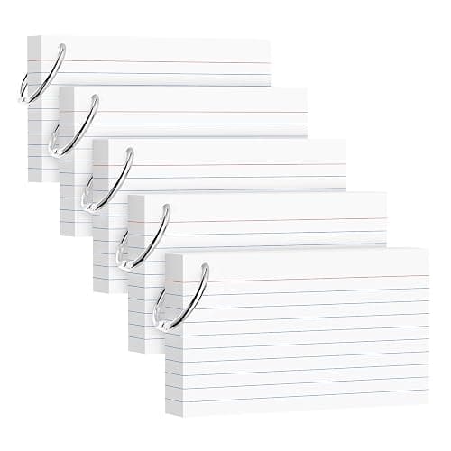 250 Count White Index Cards 3x5 Inch with Key Ring, 180gsm Heavyweight Flash Card (50 Sheets Each), Durable & Portable Note Taking for Students, Teachers, Study Note Cards for Office Home School - Image 1