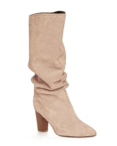 Coutgo Womens Slouchy Knee High Boots Wide Calf Kitten Heel Pointed Toe Pull On Long Boots Winter Shoes - Image 1