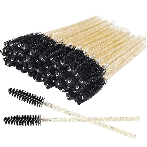 300 Pack Glitter Mascara Wands Disposable EyeLash Spoolie Brushes Makeup Applicator Eyelash Extension Tool Kit, Crystal Gold Handle Black Brush Head - Image 1
