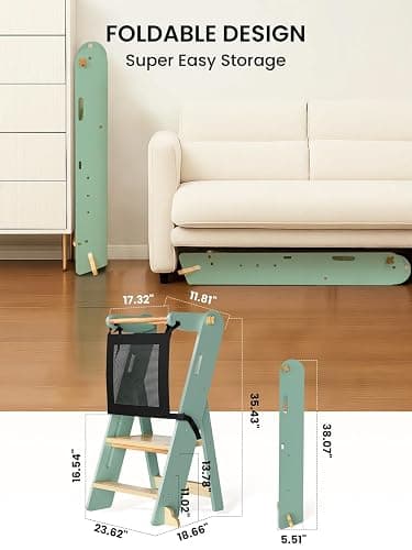 GROWNSY Foldable Step Stool Toddler Tower, Toddler Kitchen Stool Helper, Collapsible Kids Standing Learning Tower with 3 Adjustable Heights and Safety Net for Kitchen Bathroom Sink Counter (Green) thumbnail 3