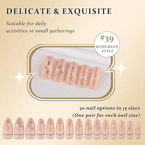 XZMeiLun 3D Boho Stars Gold Press On Nails Almond Medium 30Pcs, Heart Charms Design Reusable Acrylic Nails Press Ons, Fake Nails With Cute Celestial Glue On Nail, Daily Wear False Nail For Women thumbnail 4