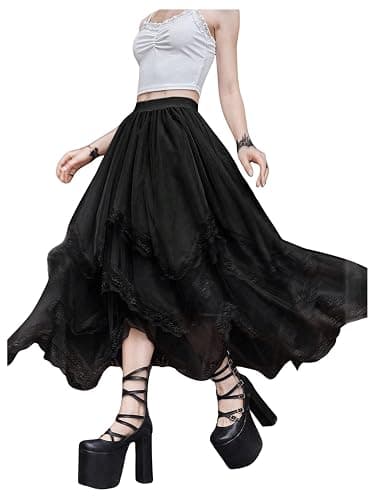 SHENHE Women's Lace Trim Layered Mesh Tulle Skirt High Waist Asymmetrical Long Goth Skirt thumbnail 3