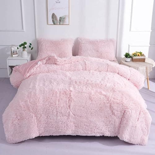 chovy Faux Fur Plush Light Pink Comforter Sets Full/Queen - Ultra Soft Shaggy Flannel Velvet Fluffy Fuzzy 3PC Bedding Set （Comforter x 1 Pillowcases x 2） - Image 1