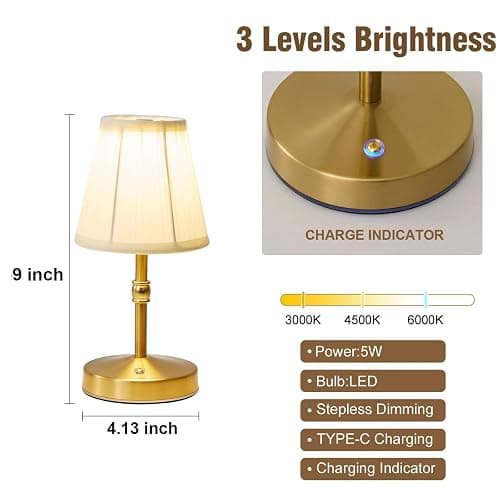 5w Led Cordless Mini Lamps,3000 mah Battery Operated Lamp,3 Color Temperature Dimmable Table Lamp,Gold Rechargeable Table Lamp Fabric,Aesthetic Small kitchen Lamp for Counter,Restaurant,Bar,H9.8" thumbnail 5