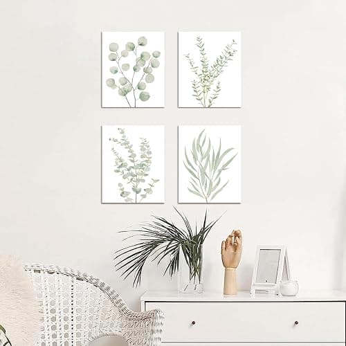 Erctoo Botanical Plant Canvas Wall Art, Framed Boho Wall Decor for Bathroom, Minimalist Aesthetic Bedroom Wall Art, Sage Green Eucalyptus Leaf Prints for Office, Set of 4PCS, 8”X10” thumbnail 7