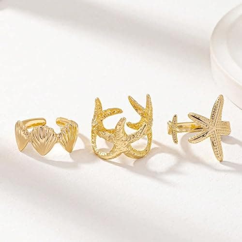 3Pcs Gold Set Seashell Starfish Ring For Women, 18k Gold Dainty Summer Beach Wave Stackable Open Rings Adjustable Surfer Fashion Beachy Jewelry Gifts - Gold - 3Pcs thumbnail 2