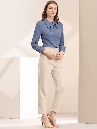 Allegra K Women's Peter Pan Collar Blouse Bow Tie Neck Vintage Casual Office Button Up Shirt Small Dusty Blue thumbnail 3
