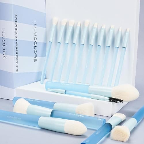 LULUCOLORS 18-Piece Light Blue Professional Makeup Brush Set – Translucent Rubberized Handles, Soft Synthetic Bristles for Face & Eye Makeup – Includes Travel Bag & Sponges,Complete Brush Collection thumbnail 7