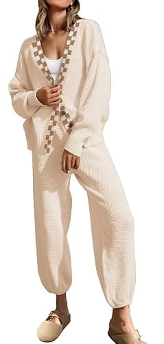 SAUKOLE Womens Two Piece Outfits Knit Sweater Sets Oversized Button Down Cardigan and Long Pants Matching Lounge Set - Image 1