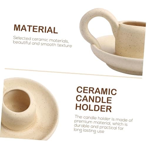 DOITOOL 2 Pcs Ceramic Candle Holder, Taper Candle Holder with Handle, Nordic Style Vintage Candlestick Holder for Halloween Christmas Home Decoration Desktop Ornament (Beige) thumbnail 9