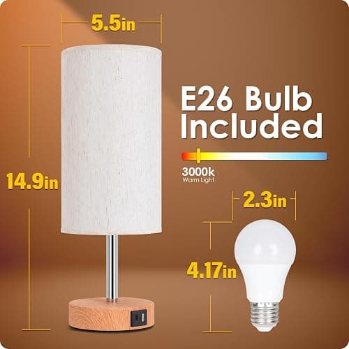 Yarra-Decor Bedside Lamp with USB A+C Port - Touch Control Table Lamp for Bedroom Wood 3 Way Dimmable Nightstand Lamp with Round Flaxen Fabric Shade for Home Office (LED Bulb Included) thumbnail 5